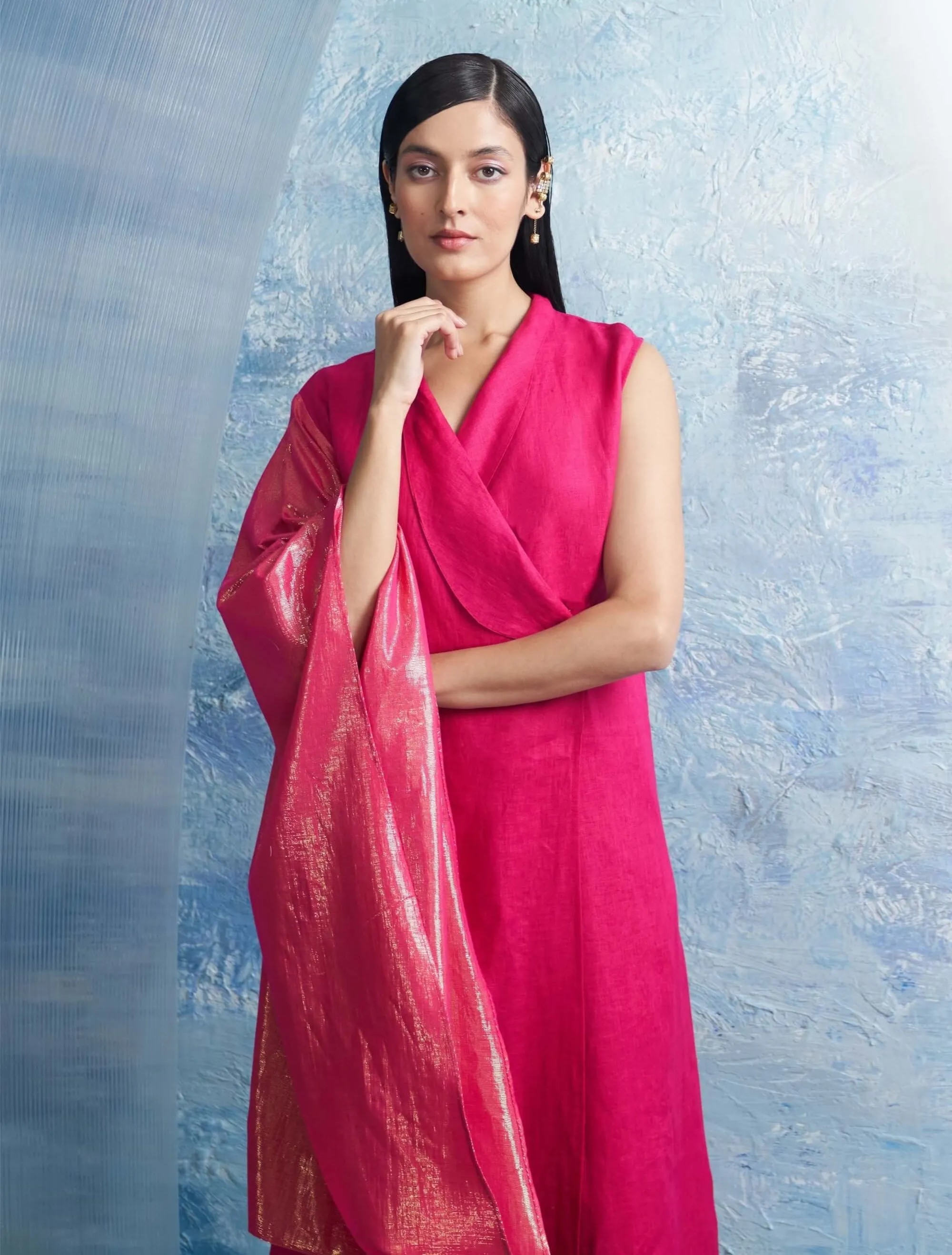 Fuchsia pink wrap kurta and pants