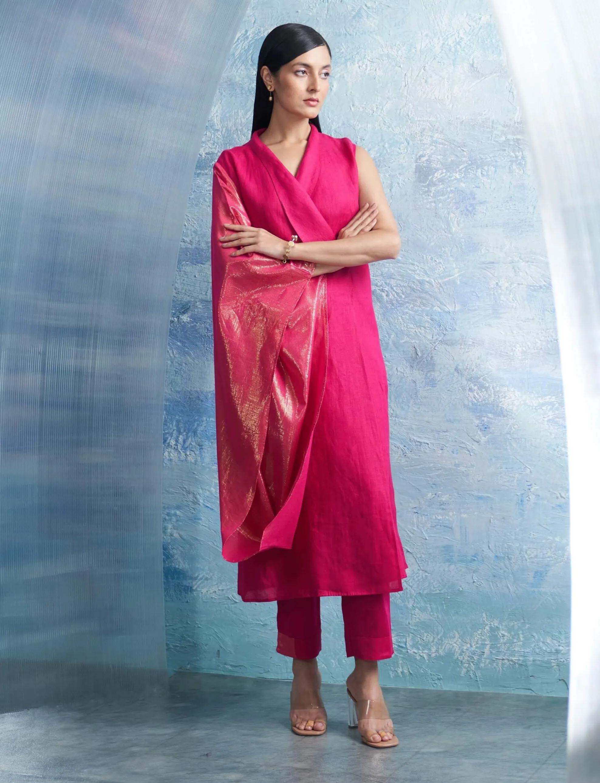 Fuchsia pink wrap kurta and pants