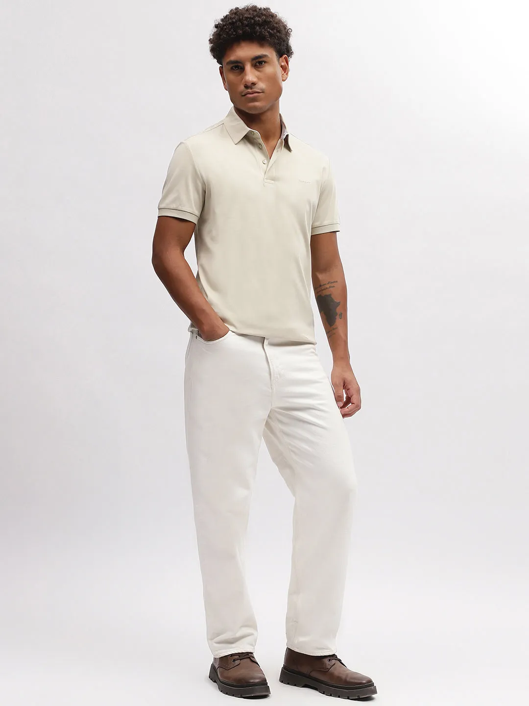 Gant Men Beige Solid Polo Collar Short Sleeves T-Shirt