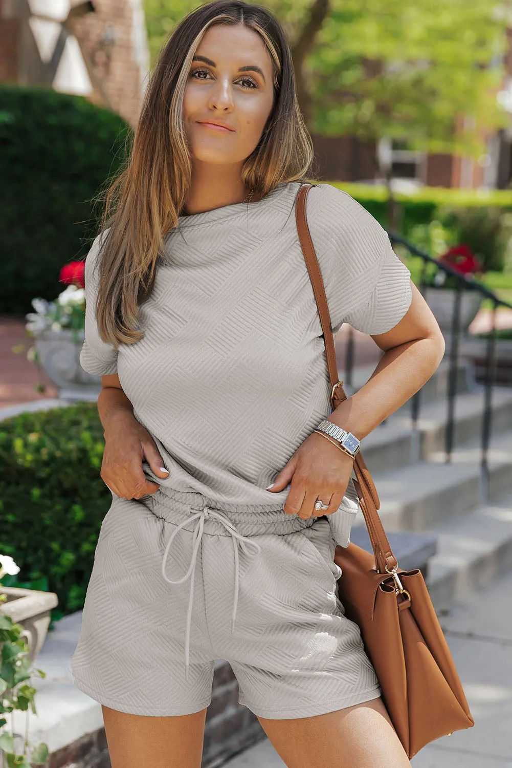Gray Two Piece Solid Textured Drawstring Shorts Outfit Set