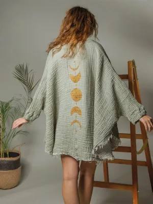 Green and Gold Moon Phase Short Kimono Robe