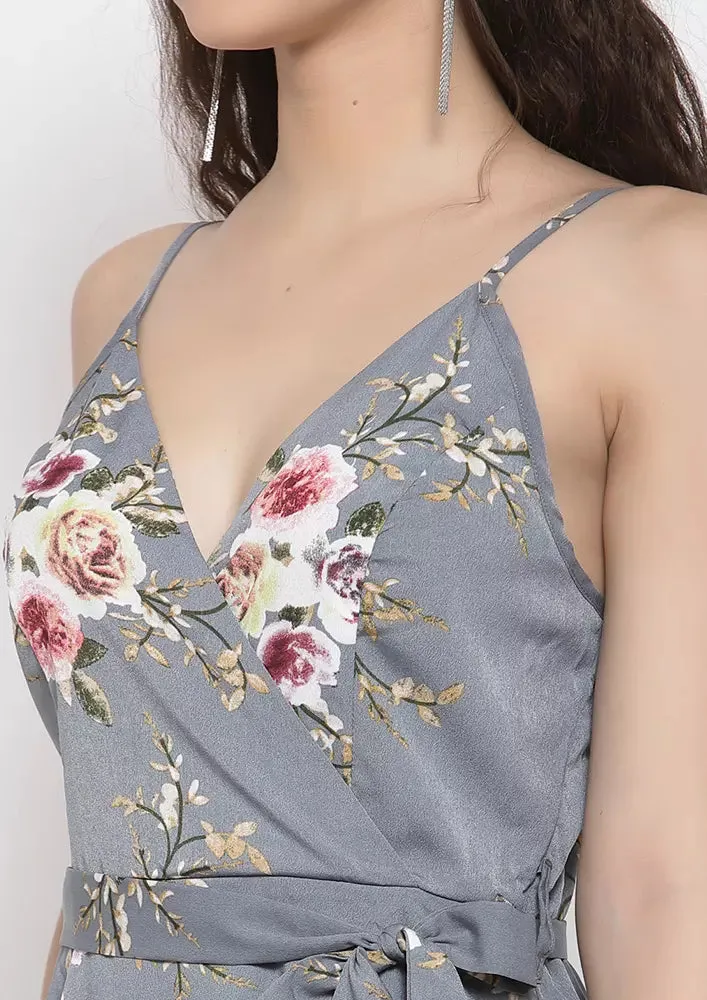Grey Floral Wrap Maxi Dress With Slit