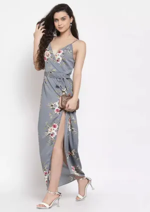 Grey Floral Wrap Maxi Dress With Slit