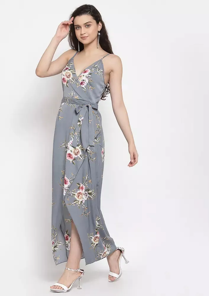 Grey Floral Wrap Maxi Dress With Slit