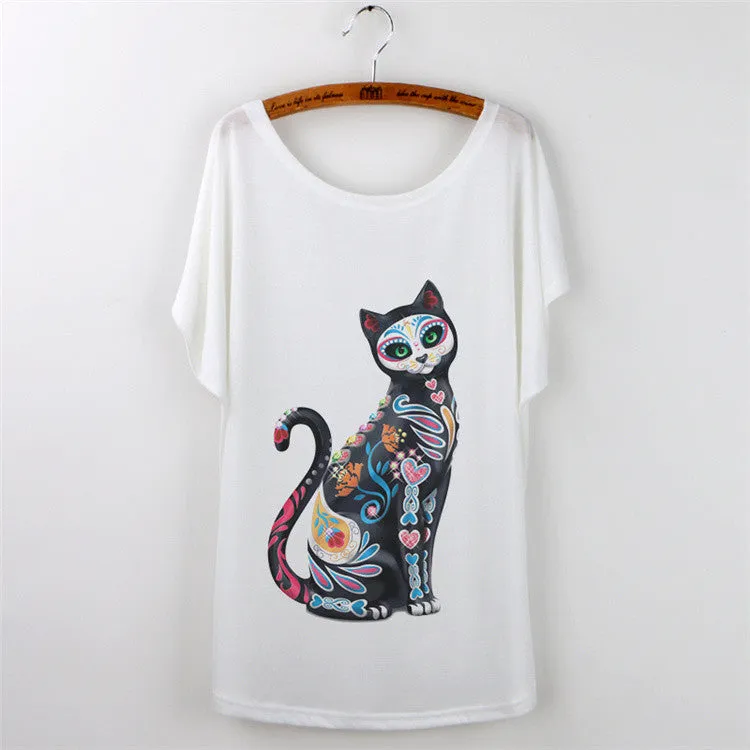 Harajuku Cat t-shirt Women Tee Shirt Femme Summer Casual Animal Cartoon print short sleeve Loose Ladies tops t shirt White