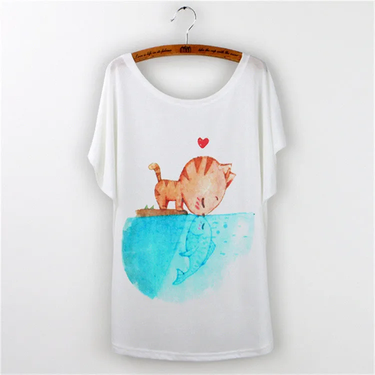 Harajuku Cat t-shirt Women Tee Shirt Femme Summer Casual Animal Cartoon print short sleeve Loose Ladies tops t shirt White