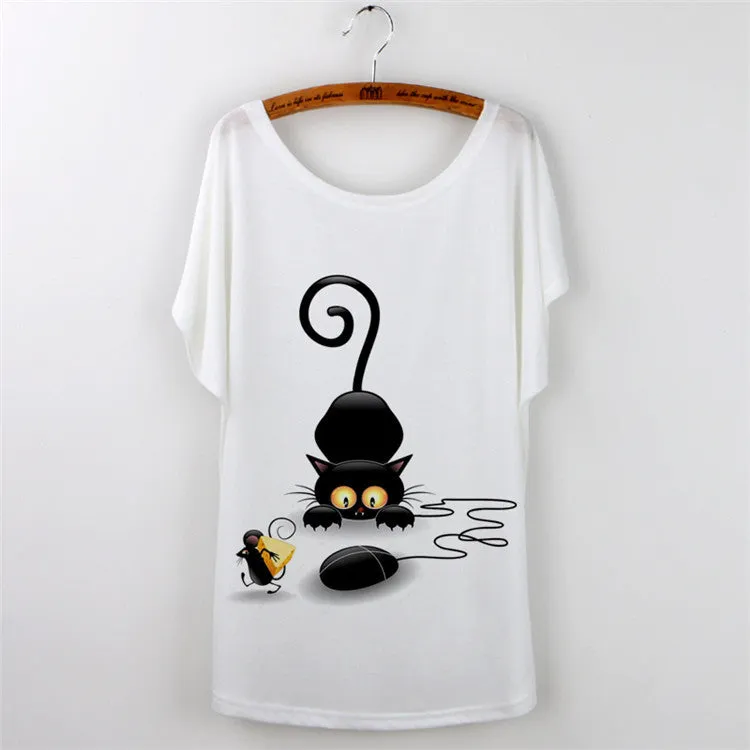 Harajuku Cat t-shirt Women Tee Shirt Femme Summer Casual Animal Cartoon print short sleeve Loose Ladies tops t shirt White