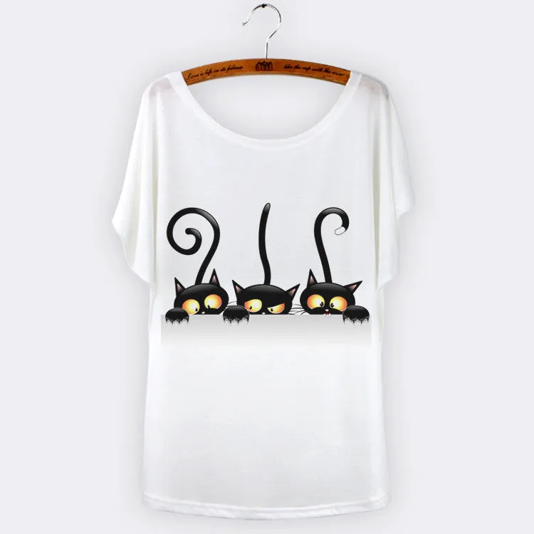 Harajuku Cat t-shirt Women Tee Shirt Femme Summer Casual Animal Cartoon print short sleeve Loose Ladies tops t shirt White