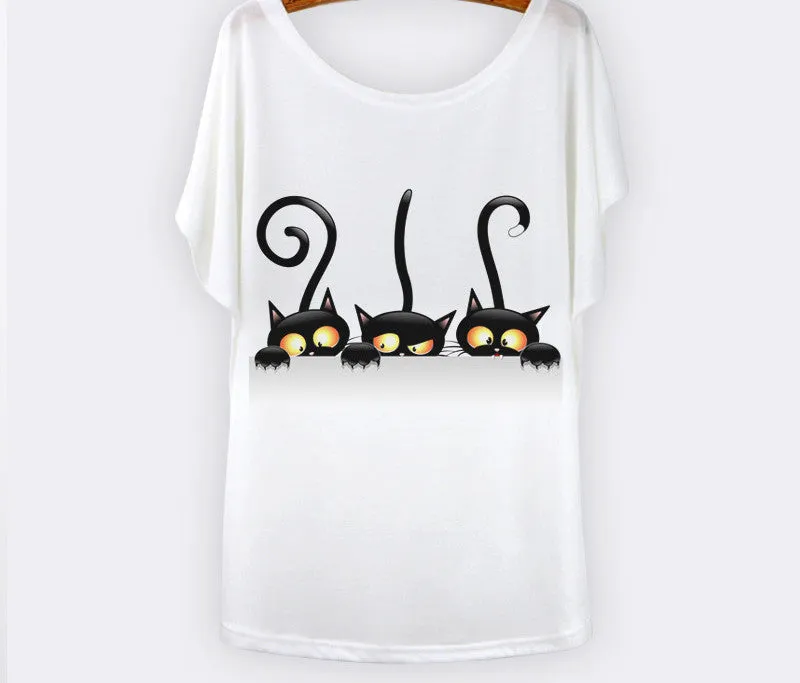 Harajuku Cat t-shirt Women Tee Shirt Femme Summer Casual Animal Cartoon print short sleeve Loose Ladies tops t shirt White