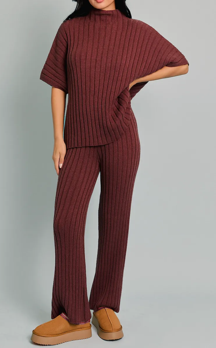 High Waisted Ribbed Wide Leg Pants