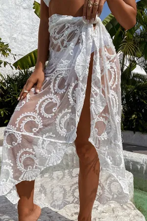 HSZ1050 Sheer Embroidered Sarong Cover-Up Skirt