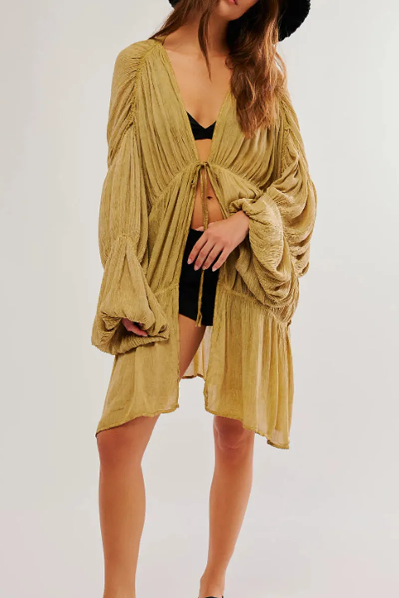 HSZ1120 Sheer Boho Tie-Front Long Sleeve Top