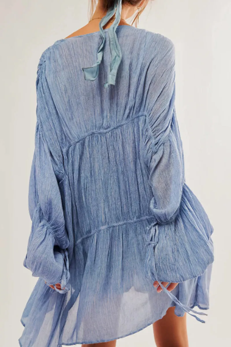 HSZ1120 Sheer Boho Tie-Front Long Sleeve Top