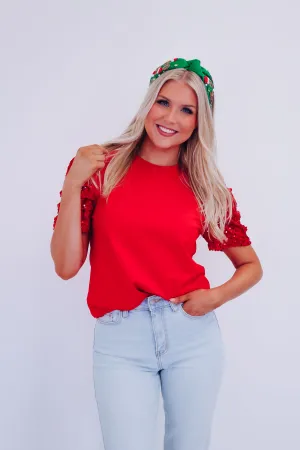 Illy Sequin Puff Sleeve Top - Red