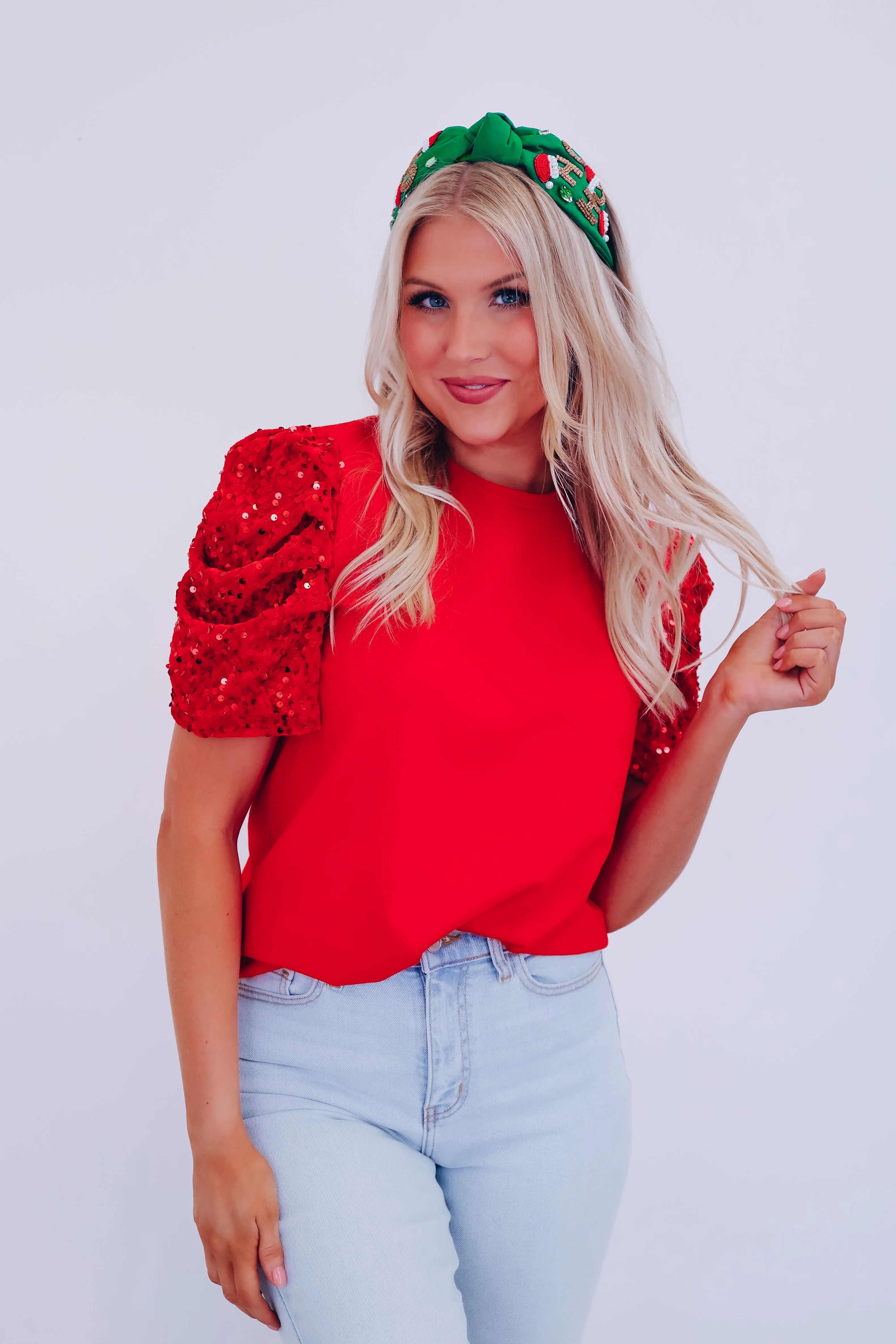 Illy Sequin Puff Sleeve Top - Red