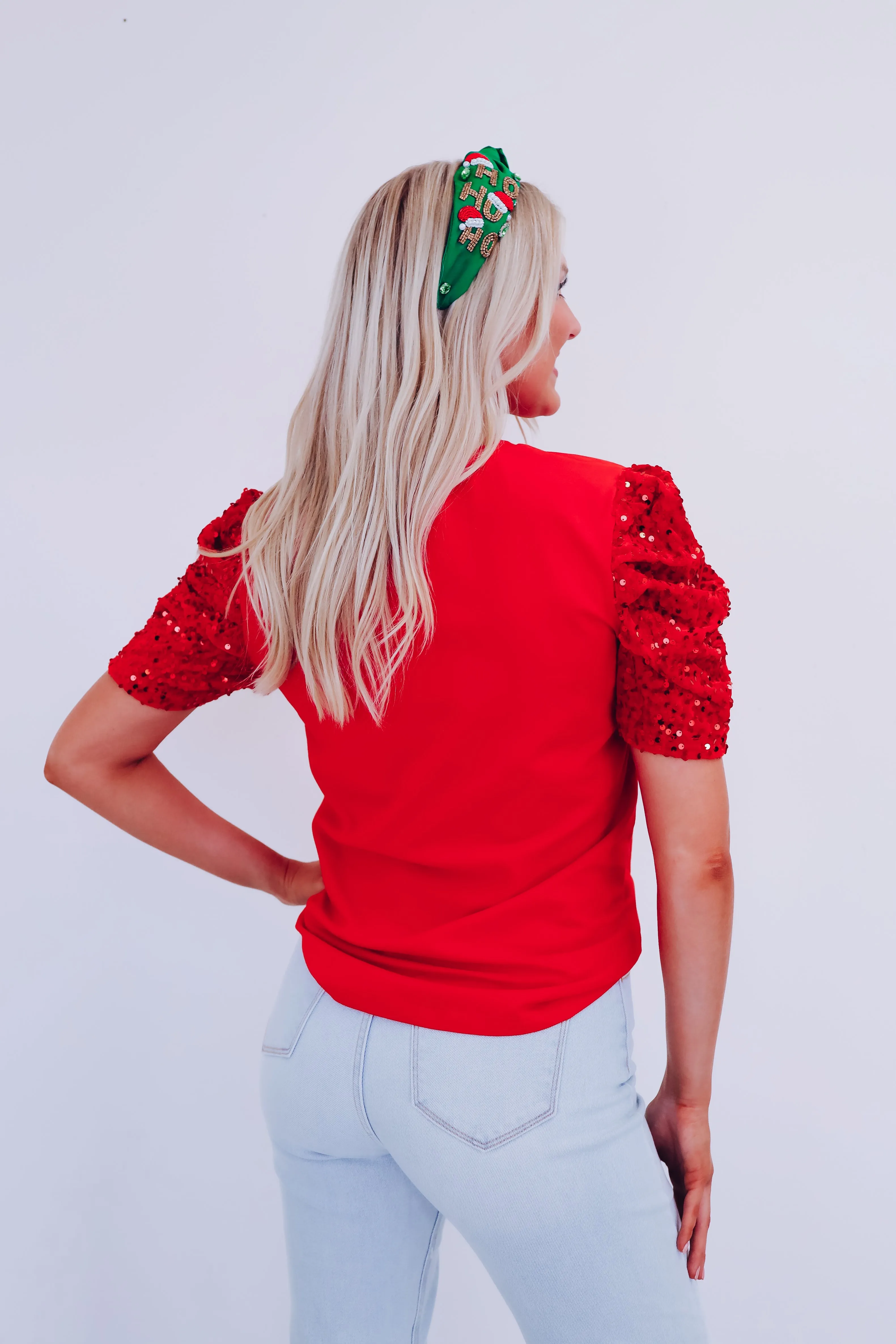 Illy Sequin Puff Sleeve Top - Red