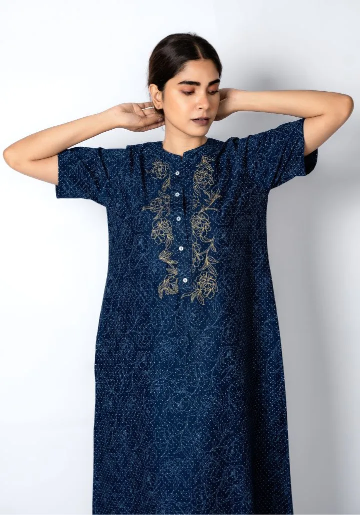 Indigo Bloom – Cotton Nighty with Embroidered Yoke