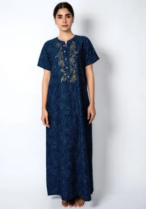 Indigo Bloom – Cotton Nighty with Embroidered Yoke