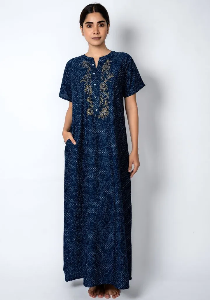 Indigo Bloom – Cotton Nighty with Embroidered Yoke