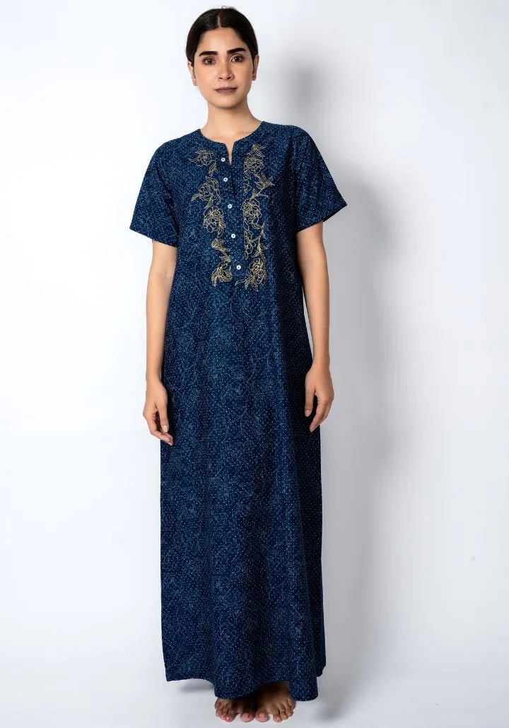 Indigo Bloom – Cotton Nighty with Embroidered Yoke