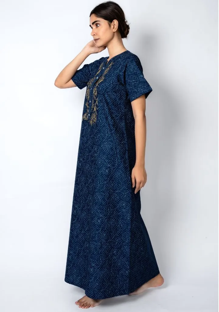 Indigo Bloom – Cotton Nighty with Embroidered Yoke