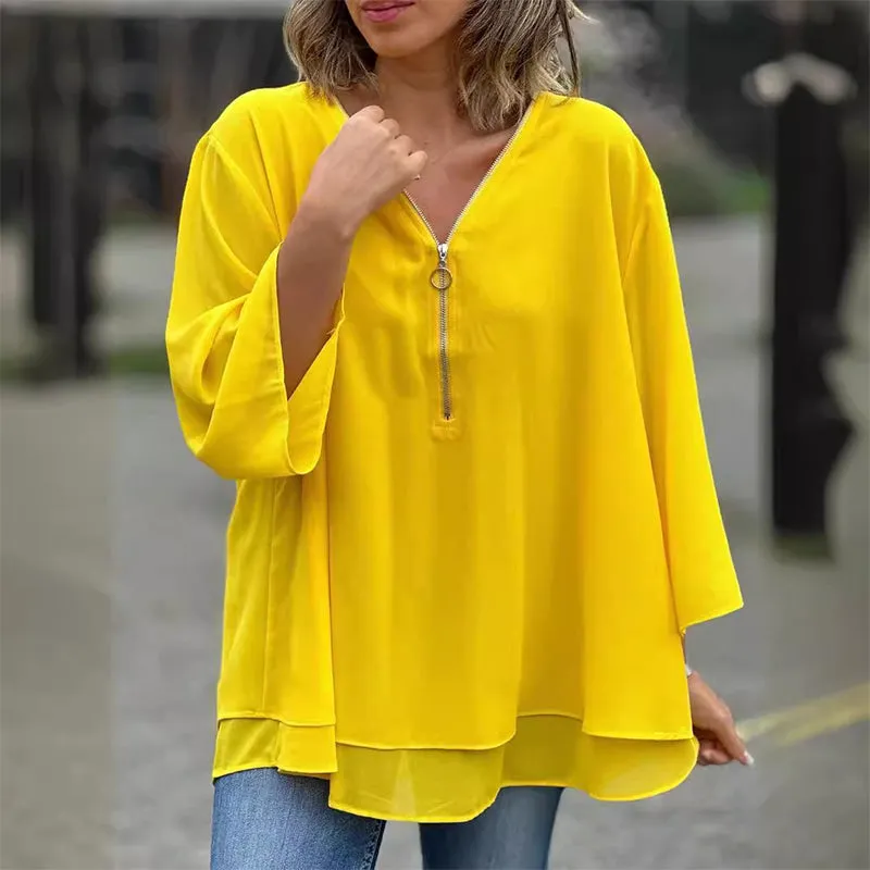 Janine | Flowy Half Zipper Sleeve Blouse