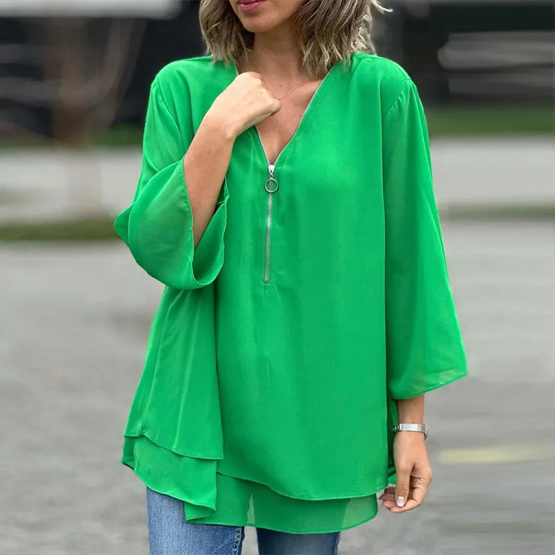 Janine | Flowy Half Zipper Sleeve Blouse