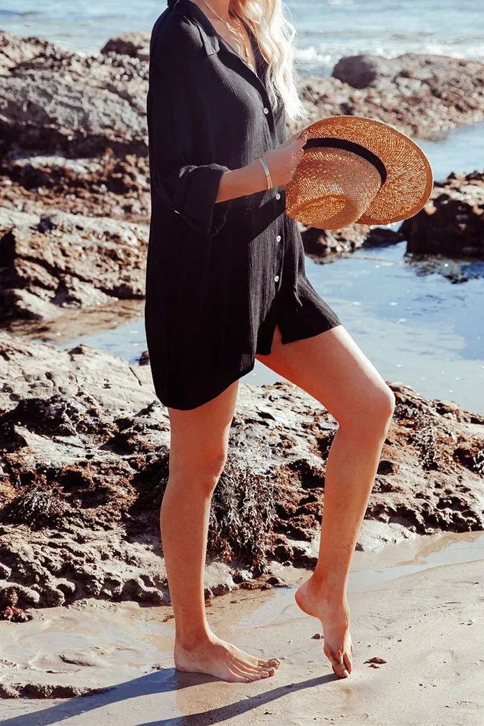 Jeanette Button Down Tunic Top - Black