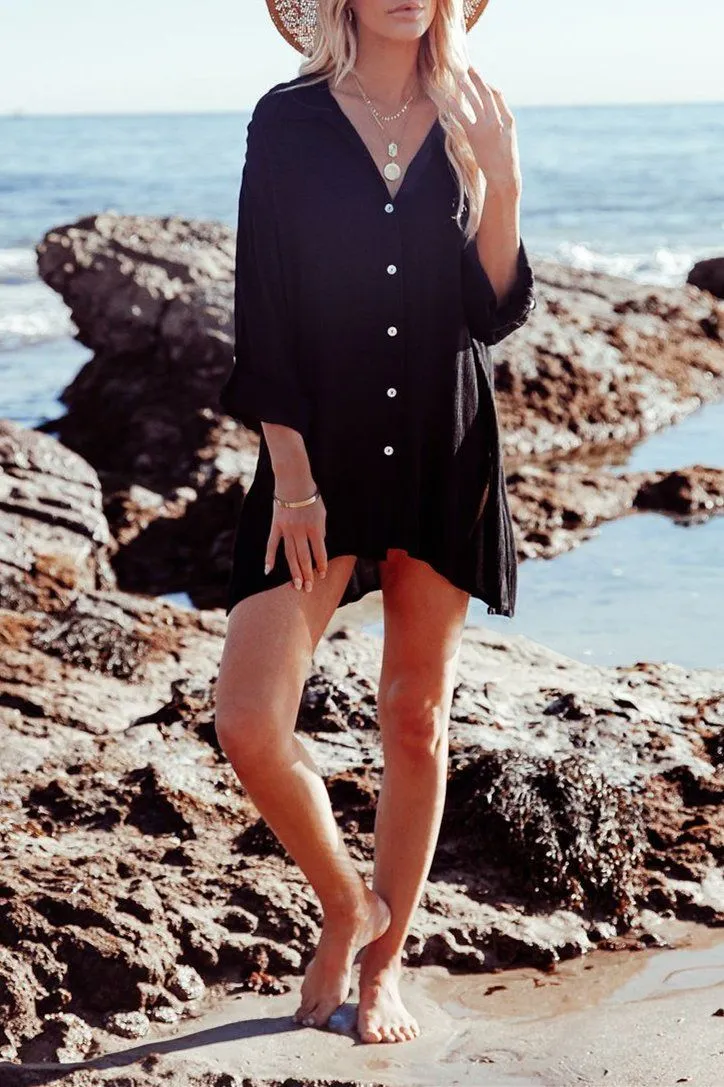 Jeanette Button Down Tunic Top - Black