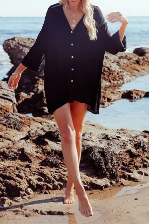 Jeanette Button Down Tunic Top - Black
