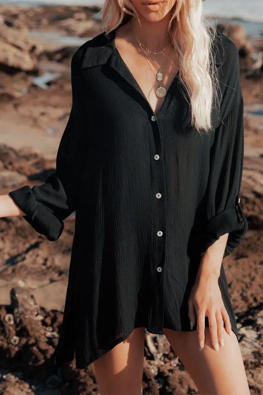Jeanette Button Down Tunic Top - Black