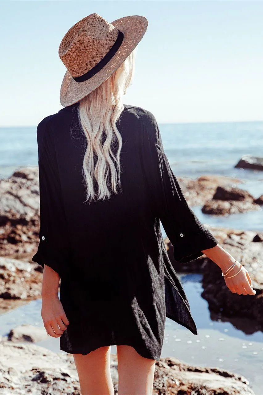 Jeanette Button Down Tunic Top - Black