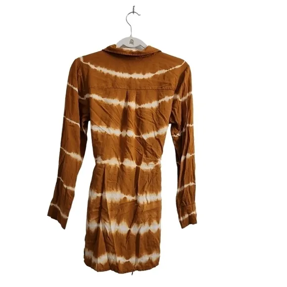 Jens Pirate Booty Mini Dress Mustard Tie-Dye Tie Waist Wrap Boho Button Front