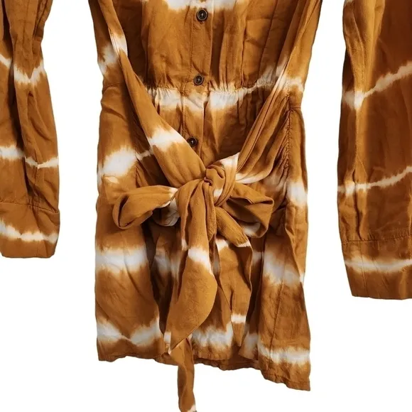 Jens Pirate Booty Mini Dress Mustard Tie-Dye Tie Waist Wrap Boho Button Front