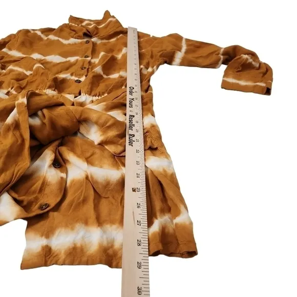 Jens Pirate Booty Mini Dress Mustard Tie-Dye Tie Waist Wrap Boho Button Front