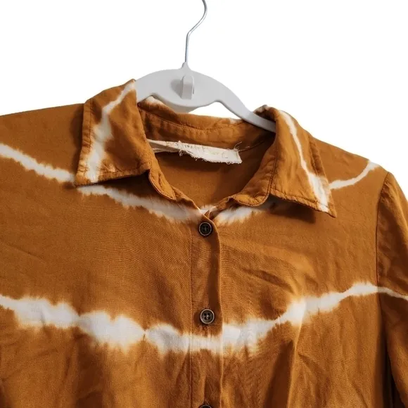 Jens Pirate Booty Mini Dress Mustard Tie-Dye Tie Waist Wrap Boho Button Front