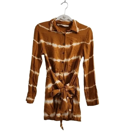 Jens Pirate Booty Mini Dress Mustard Tie-Dye Tie Waist Wrap Boho Button Front