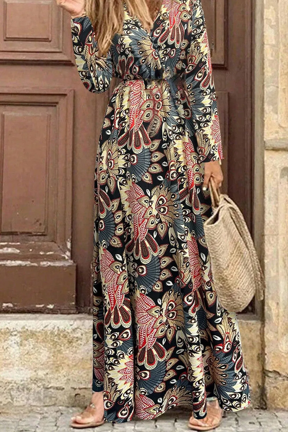 KaleaBoutique Floral Print V Neck Wrap High Waist Maxi Dress