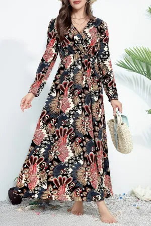 KaleaBoutique Floral Print V Neck Wrap High Waist Maxi Dress