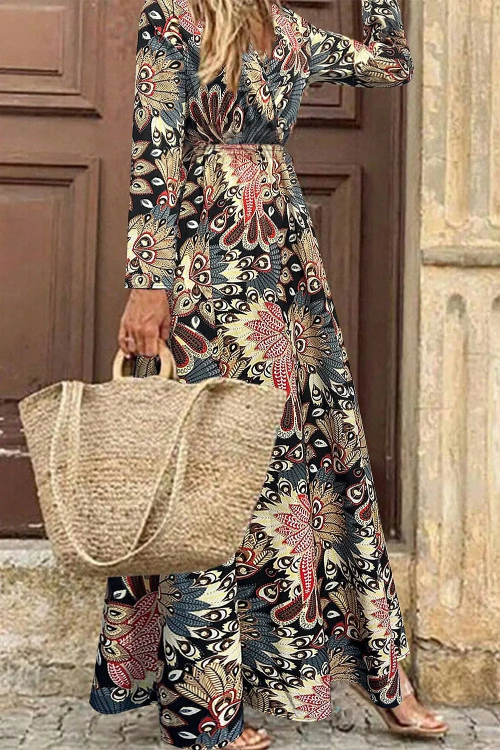 KaleaBoutique Floral Print V Neck Wrap High Waist Maxi Dress