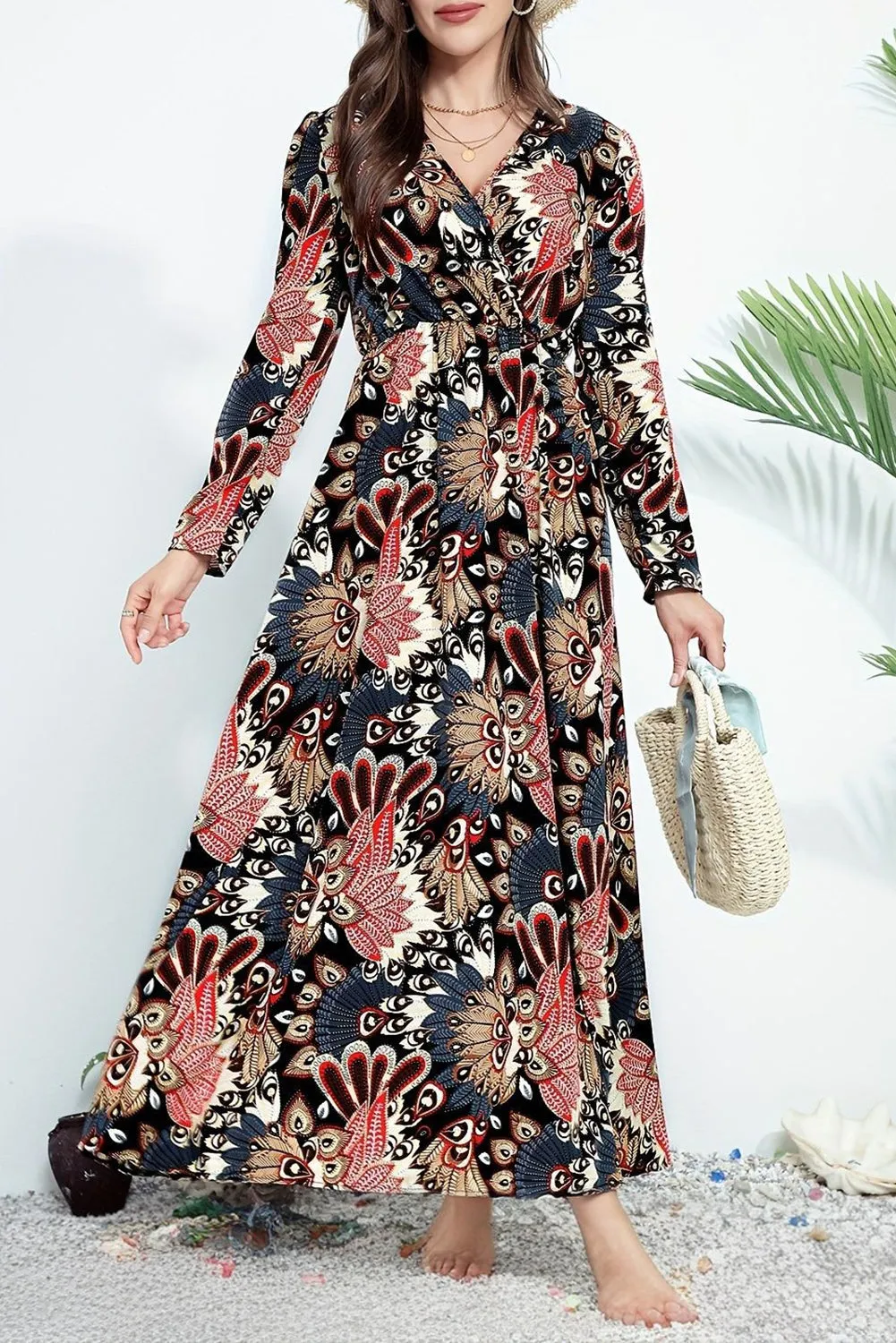 KaleaBoutique Floral Print V Neck Wrap High Waist Maxi Dress