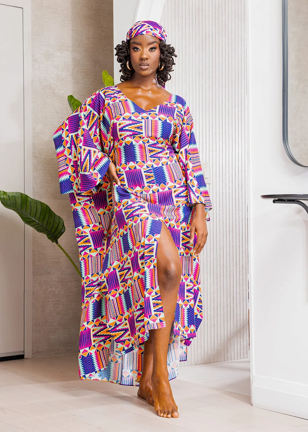 Karimah Women's African Print Kaftan Cover-Up (Mint Purple Kente)-Clearance