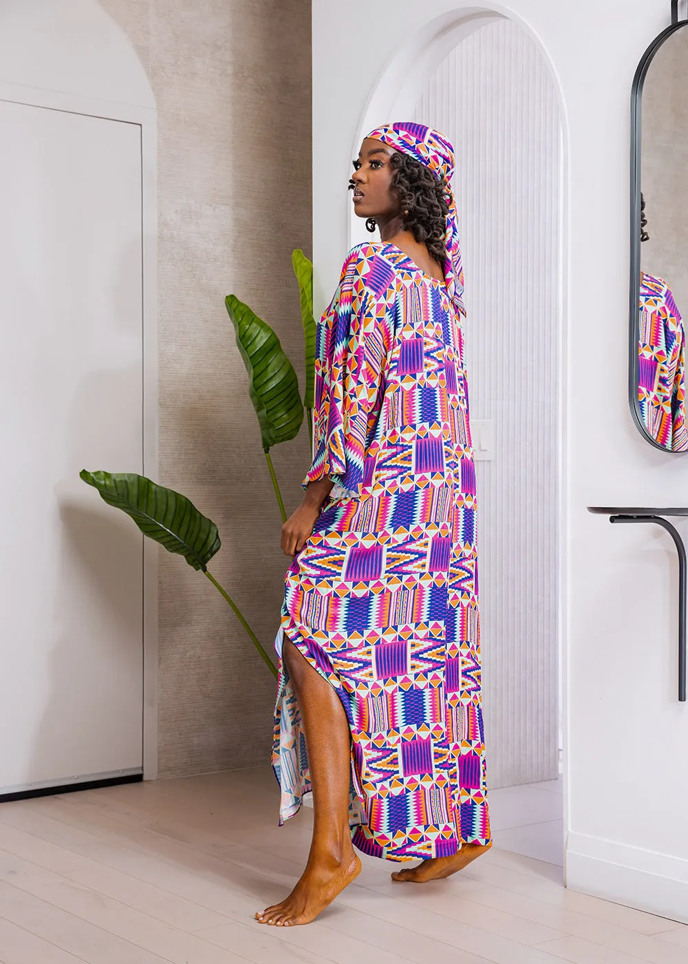 Karimah Women's African Print Kaftan Cover-Up (Mint Purple Kente)-Clearance