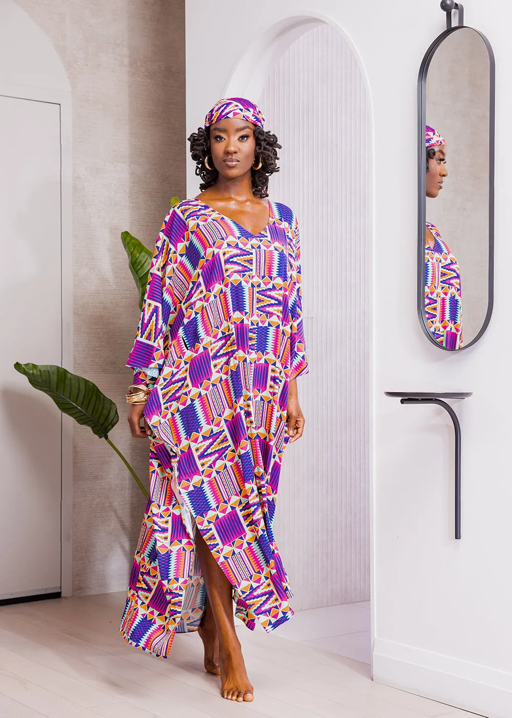 Karimah Women's African Print Kaftan Cover-Up (Mint Purple Kente)-Clearance