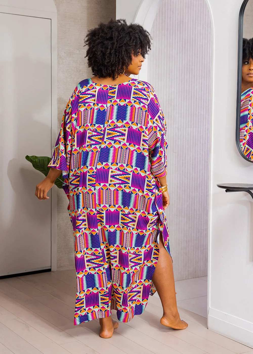 Karimah Women's African Print Kaftan Cover-Up (Mint Purple Kente)-Clearance