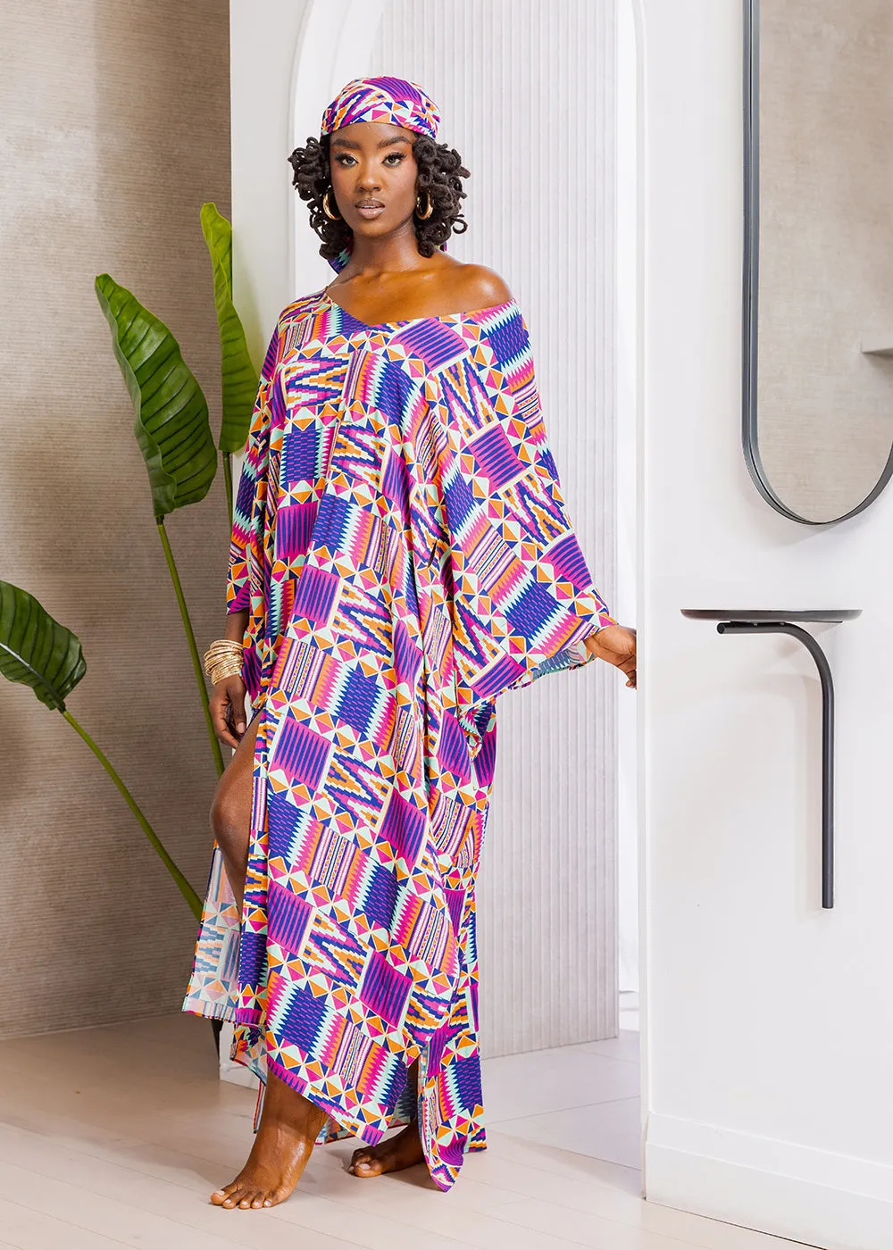 Karimah Women's African Print Kaftan Cover-Up (Mint Purple Kente)-Clearance