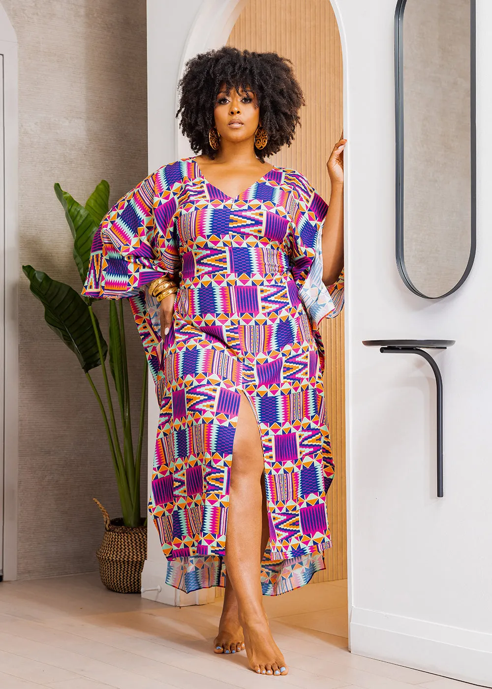 Karimah Women's African Print Kaftan Cover-Up (Mint Purple Kente)-Clearance