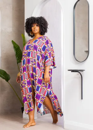Karimah Women's African Print Kaftan Cover-Up (Mint Purple Kente)-Clearance