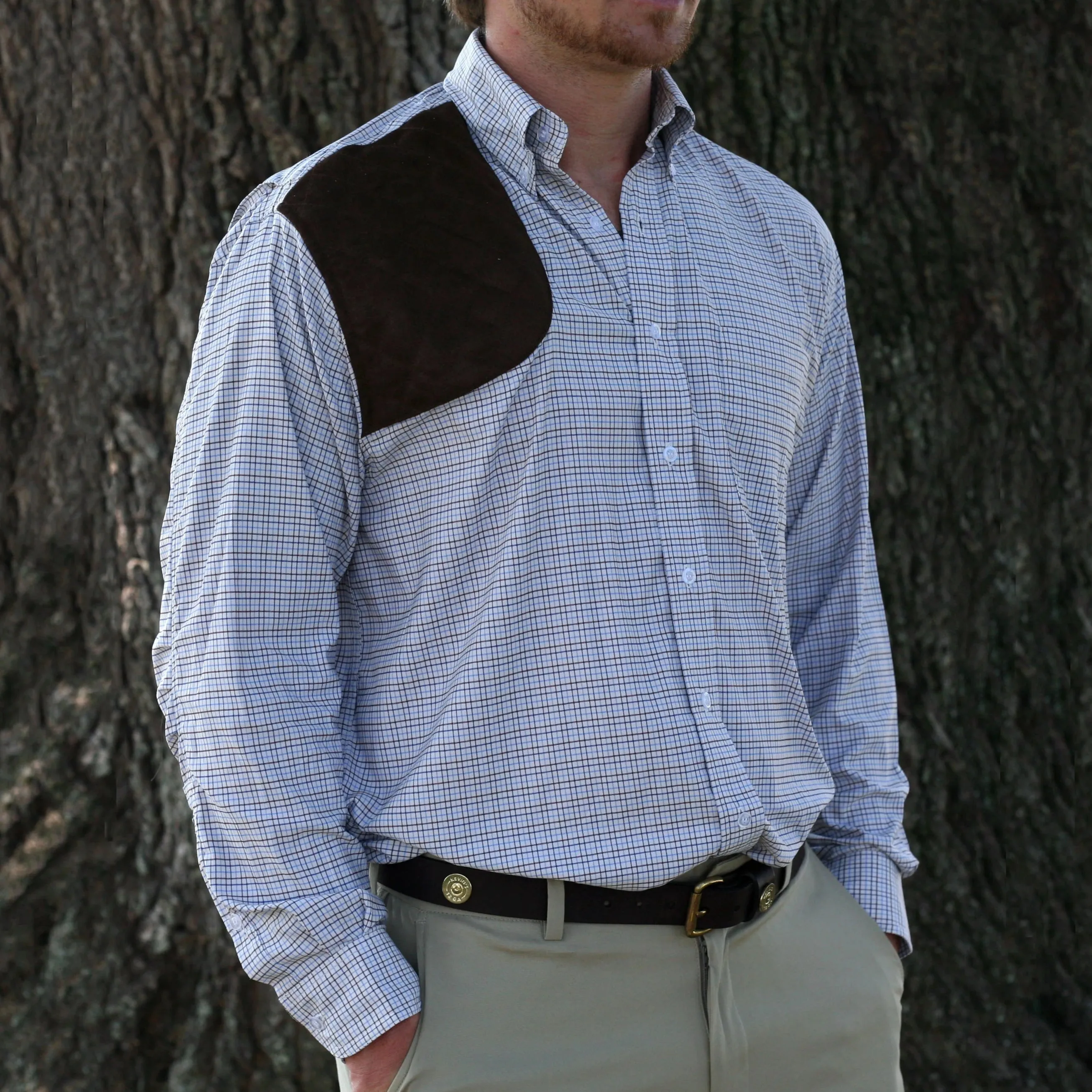 Kevin's Navy/Brown Tattersall Performance Right Hand Long Sleeve Shooting Shirt