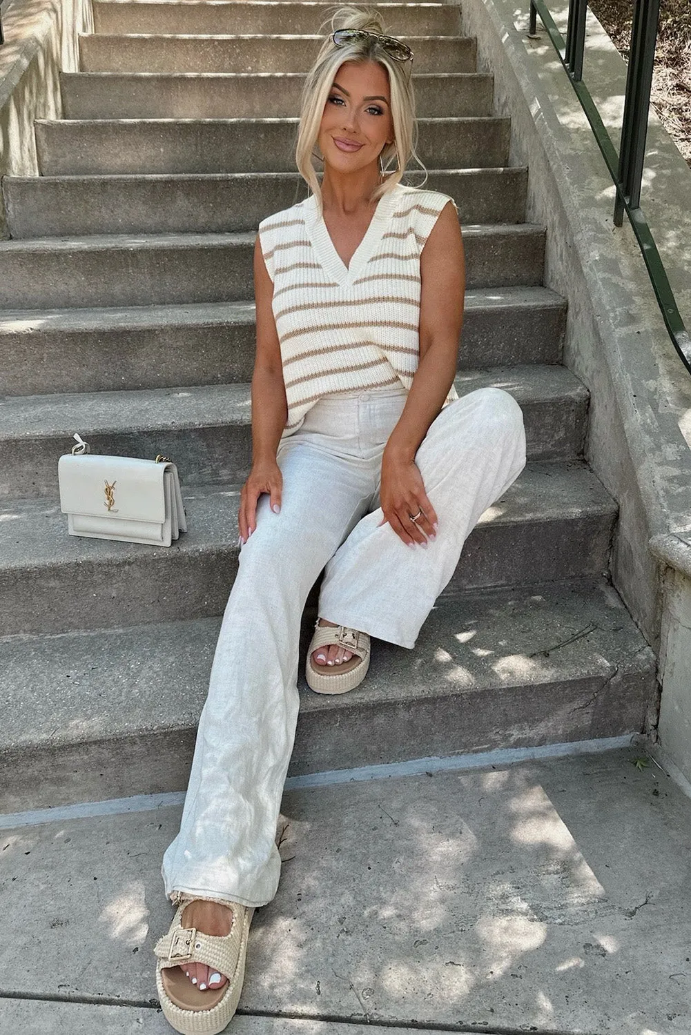 Khaki Stripe V Neck Knitted Loose Sweater Vest